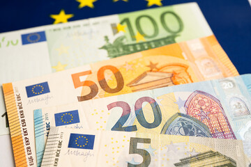 Euro banknotes on flag, Business and finance concept.