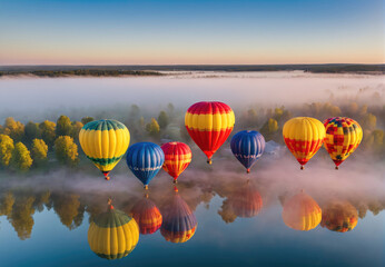 Obraz premium Colorful Hot Air Balloons Floating Over Misty Lake at Dawn in Serene Landscape