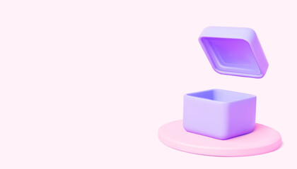 An open gift box on a podium in soft purple and pink tones. Perfect for online store promotions, greeting card designs, and versatile usage across various contexts related to gifts, surprises