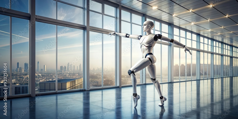 Aufkleber Futuristic ballet robot performing in a room with large windows, combining elegance and technology, robot