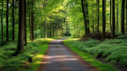 Fototapeta premium Serene Forest Path: A winding road through a lush, green forest, bathed in the warm glow of the sun. The path invites you to explore the tranquility and beauty of nature. 