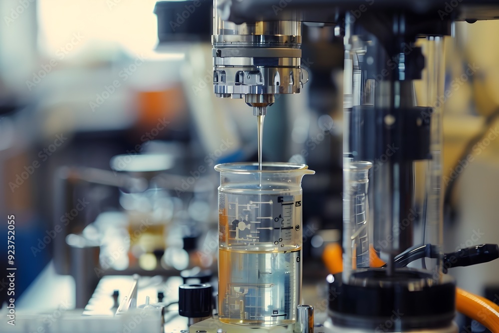 Poster liquid dropping into beaker in lab setting.