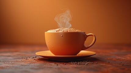 Obraz premium Illustration of a 3D render of one simple coffee cup steaming against a warm brown background.