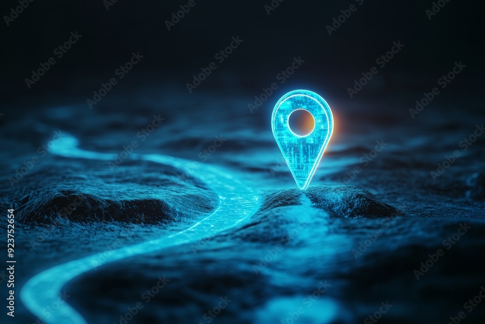 Poster a luminous blue digital map pin floats above a sleek background, hinting at navigation and location 