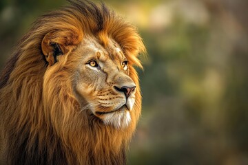 The lion stands proudly in its natural habitat, its flowing mane illuminated by the soft morning light, showcasing the beauty and power of this magnificent creature