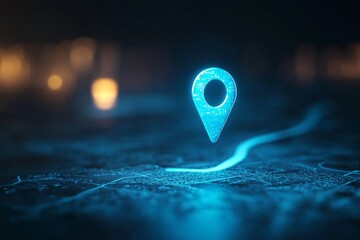 A glowing blue digital map pin hovers above a smooth surface, illuminated against a minimalist background showcasing modern technology and navigation