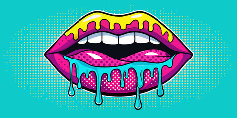 Halftone chrome lips set, vector y2k melt drip mouth, retro bitmap collage vintage print collection. Futuristic grain dot photocopy effect, glossy metal object, contemporary pop art. Halftone lips