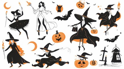 Pop color illustrations of spooky Halloween Witch gothic shirt in various activities ,with bold lines and simple design, placed on a white background 