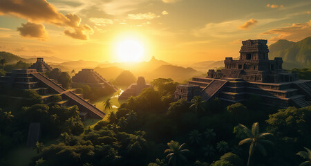 Ancient Mayan temple in the middle of a lush jungle, surrounded by trees and mountains. The sky is filled with clouds and the setting sun creates a beautiful backdrop for the historical scene.
