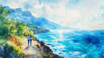 Fototapeta premium Tranquil Seascape Watercolor Painting with Romantic Couple - Aerial View of Relaxing Beach Scene for Promotion or Design Element