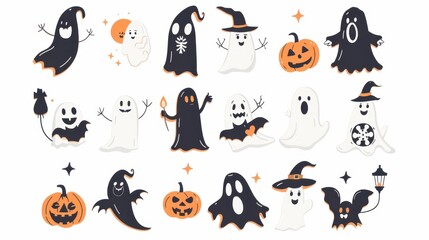 Vintage color illustrations of spooky Halloween Cute Ghost in various activities ,with bold lines and simple design, placed on a white background 