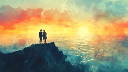 Fototapeta premium Serene Seascape Watercolor Painting with Romantic Couple - High Angle View