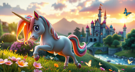 A magical unicorn stands in front of a castle at sunset, surrounded by lush grass, vibrant flowers, and colorful butterflies. enchanting scene.