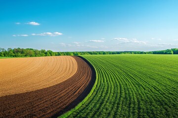 Lush green crops thrive next to freshly plowed brown soil, showcasing the beauty of agricultural practices in a serene landscape under a sunny sky