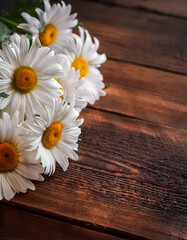 Fototapeta premium Daisies on a wood floor, space for copy