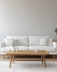Minimalist Living Room Interior Design with White Sofa and Wooden Coffee Table