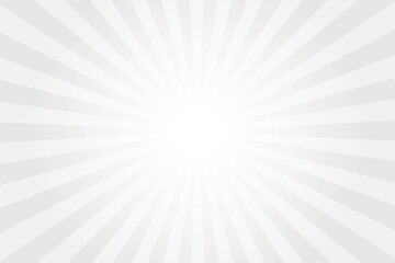 Gray background with white sun ray. Pattern of starburst. Abstract texture with light of sunburst. Radial beam of sunlight. Retro background with flash. Design of sunbeams. Vector.