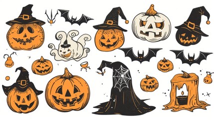 Fototapeta premium Vintage color illustrations of spooky Halloween Cute pumpkin man in various activities ,with bold lines and simple design, placed on a white background 