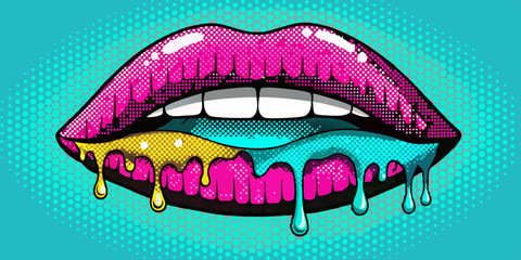 Halftone chrome lips set, vector y2k melt drip mouth, retro bitmap collage vintage print collection. Futuristic grain dot photocopy effect, glossy metal object, contemporary pop art. Halftone lips