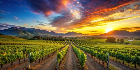 Vibrant colors of a vineyard at sunset, with rows of grapevines, mountains in the background