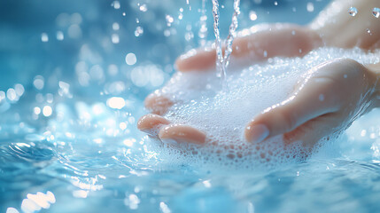 Fototapeta premium Clean Hands Concept: 3D Illustrated Hands Washing with Water and Soap in Spacious Environment for Graphic Integration.