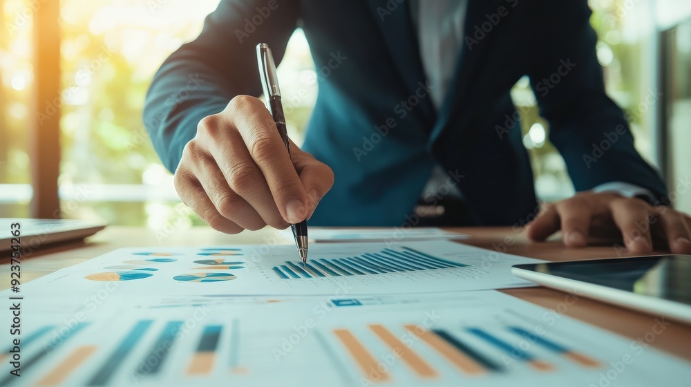 Poster a man is writing on a piece of paper with a pen. the paper has a lot of numbers and graphs on it. th