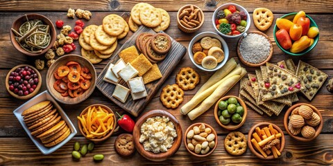 Fototapeta premium Variety of delicious snacks and treats displayed on a wood table , food, appetizers, snacks, dessert, background, table