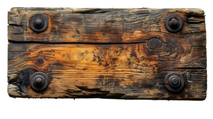 A close-up of a weathered wood plank with four rusty metal fasteners. The wood is brown and gray, and the grain is visible. The plank is worn and has been exposed to the elements for a long time. 