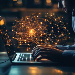 Smart businessman using a laptop for data analysis, enhanced by digital financial graphics and a modern technology setting.