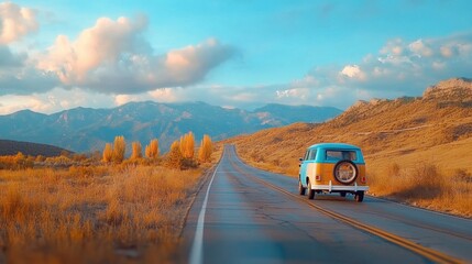 A cinematic scene of a lone car driving down a deserted highway at dusk, with mountains in the distance.