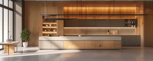 A modern minimalist kitchen with open shelving, a large island, and a textured wood panel wall