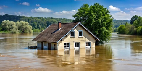 Obraz premium House partially submerged in river water after being swept away by flood , flooding, disaster, destruction, damaged, water