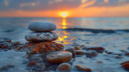 A perfectly balanced stack of three rocks stands on the shoreline, basking in the warm glow of a setting sun. 