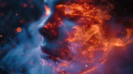 A close-up of a person's face, illuminated with a fiery glow, with smoke and sparks floating around them. 