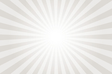 Gray background with white sun ray. Pattern of starburst. Abstract texture with light of sunburst. Radial beam of sunlight. Retro background with flash. Design of sunbeams. Vector.