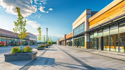 Fototapeta premium Bright sunlight illuminates an inviting shopping area, showcasing modern architecture and green spaces that enhance the vibrant atmosphere