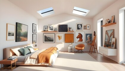 Bedroom that serves as both a restful sanctuary and an inspiring gallery for an art lover. 