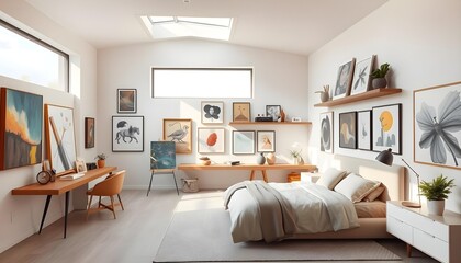 Bedroom that serves as both a restful sanctuary and an inspiring gallery for an art lover. 