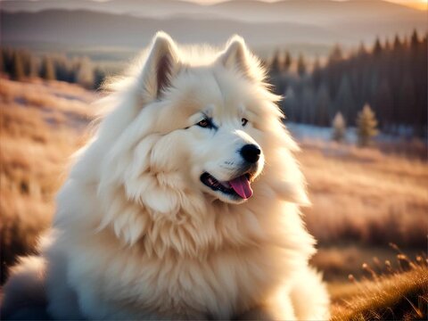A Samoyed sitting peacefully on a sunlit hill with a bokeh effect from the glowing sky.