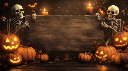 Spooky Halloween setting featuring skeletons, glowing jack-o'-lanterns, candles, and a blank wooden sign, perfect for a Halloween message or event announcement.
