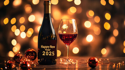 A festive wine bottle and glass are against sparkling holiday lights, joyfully welcoming the Happy New Year 2025