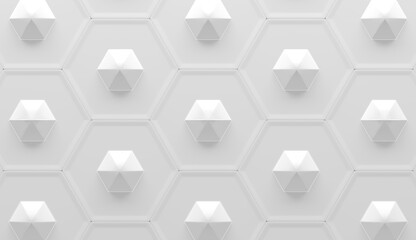 Futuristic White Hexagonal Tiled Background with Raised, Faceted Geometric Shapes (3D Illustration)