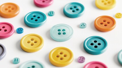 Fototapeta premium Colorful Round Plastic Buttons of Various Sizes on White Background, Top View with Vibrant Button Collection for Crafts and DIY Projects.