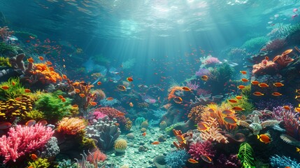 3D render of an underwater coral reef teeming with colorful fish, sea turtles, and vibrant corals, set against a deep blue ocean background 