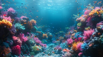 Fototapeta premium 3D render of an underwater coral reef teeming with colorful fish, sea turtles, and vibrant corals, set against a deep blue ocean background 