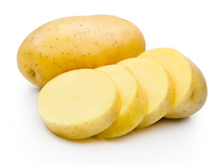 Raw potatoes vegetables cut in slices isolated on white background