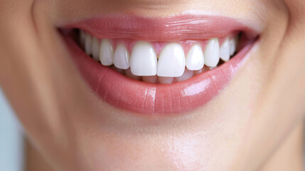 Obraz premium A close-up shot of a woman's smile, highlighting her pearly white teeth and pink lips. 