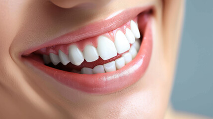 Obraz premium A woman's smile with perfect white teeth. Her lips are pink and full, and her teeth are perfectly aligned. 