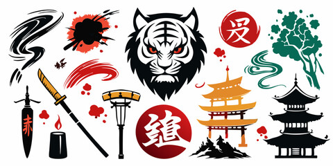 Japanese ink brush vector stain set, asian symbol collection, oriental tiger, samurai, pagoda circle. Calligraphy paintbrush traditional object, dye splatter watercolor drips. Japanese ink design 