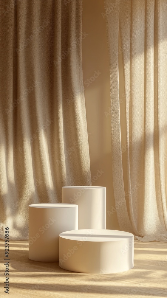 Poster three sleek white pedestals capture soft sunlight, creating a serene atmosphere against a warm, flow